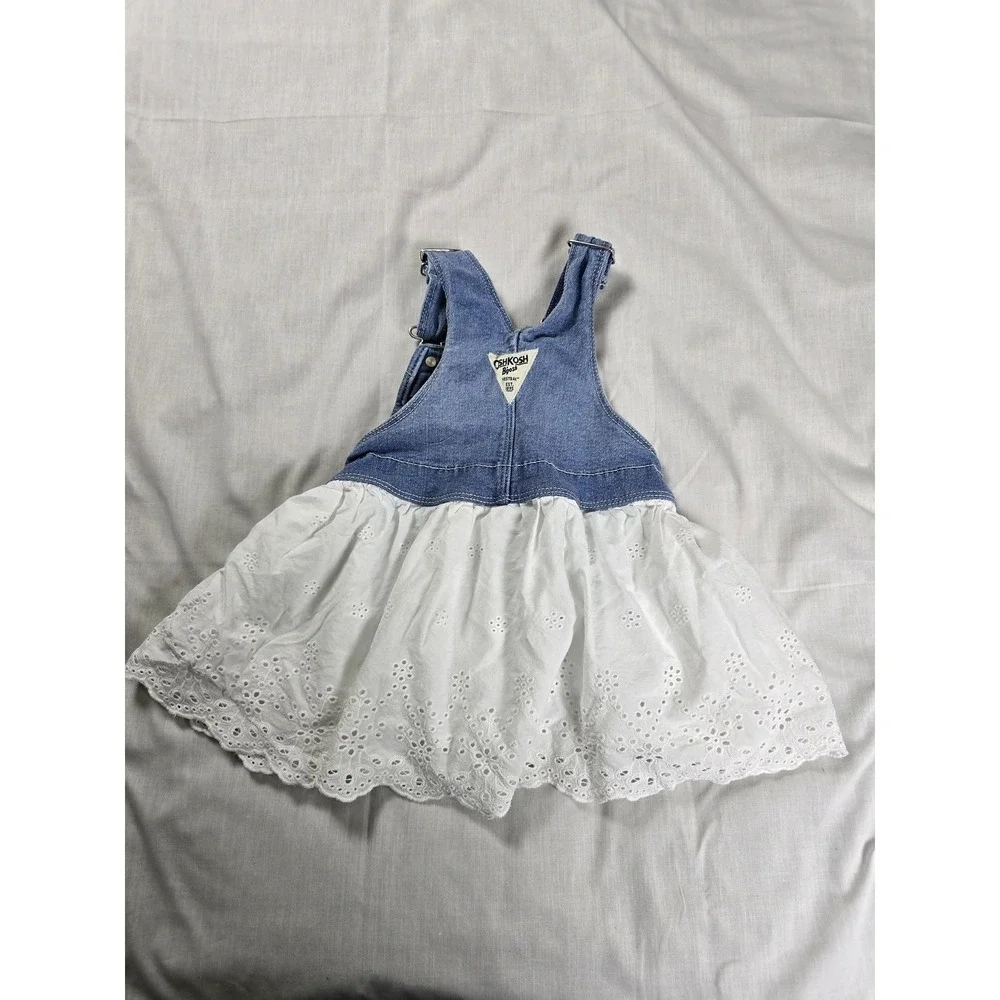 OshKosh B'gosh Denim‎ Overall Dress Girls 18 Months Blue White Eyelet Skirt